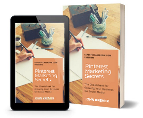 An iPad and a real book with text that says Pinterest Marketing Secrets and John Kremer